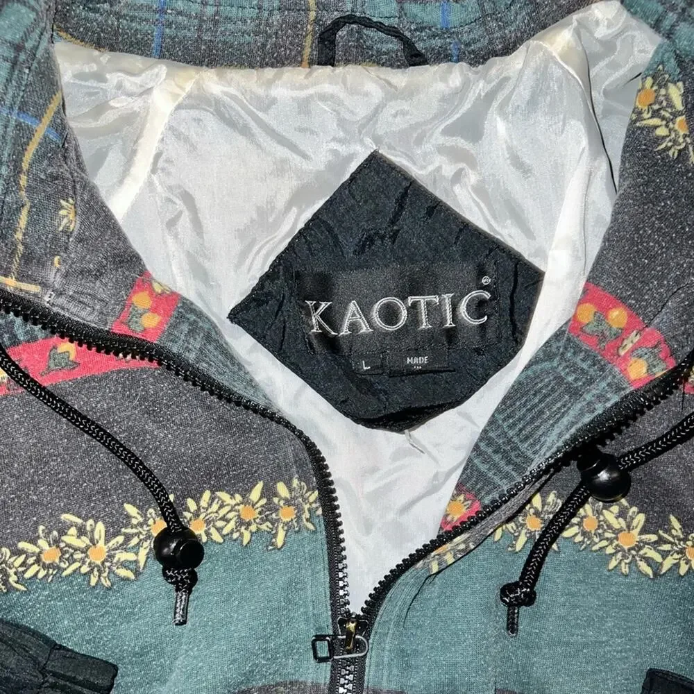 Vintage 90s Kaotic Green‎ Flower Print Windbreaker Unisex Size Large